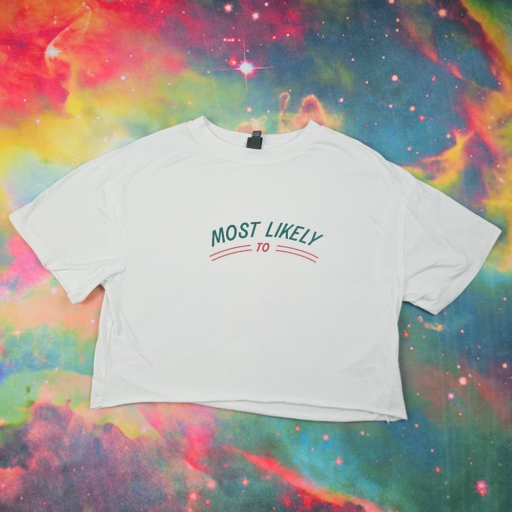 Wild Fable White‎ Cropped Graphic T-Shirt "Most Likely To" Women's Size S